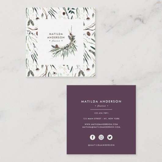 消色した水色のフローラモダン紫 スクエア名刺 (正面/裏面)