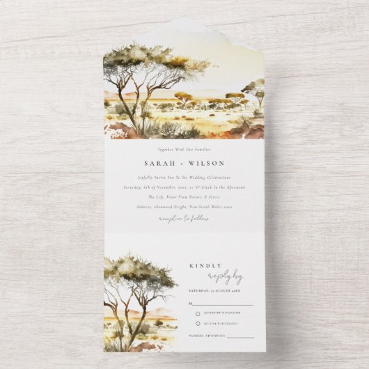 消色自然した水の色のアフリカの結婚風景 オールインワン招待状 (内側)