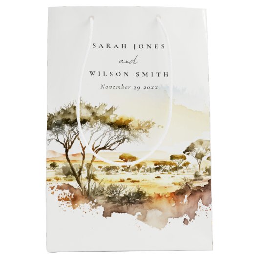 消色自然した水の色のアフリカの結婚風景 ミディアムペーパーバッグ (正面)