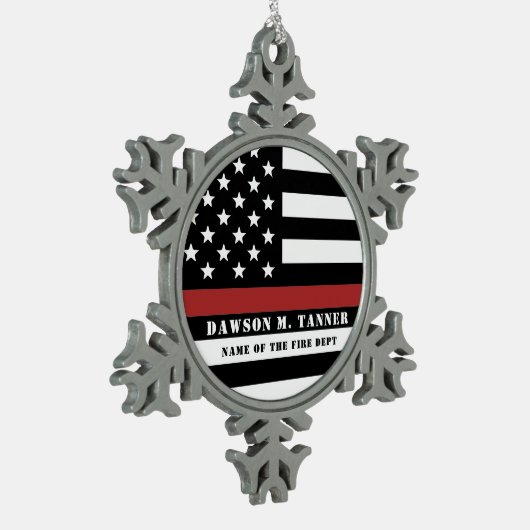消防パーソナライズされた士の薄い赤線の消防 スノーフレークピューターオーナメント (左)