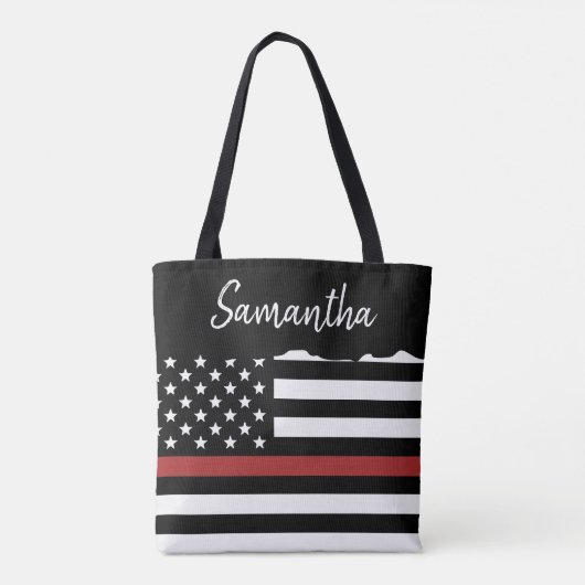 消防パーソナライズされた士の薄い赤線の消防 トートバッグ (裏面)