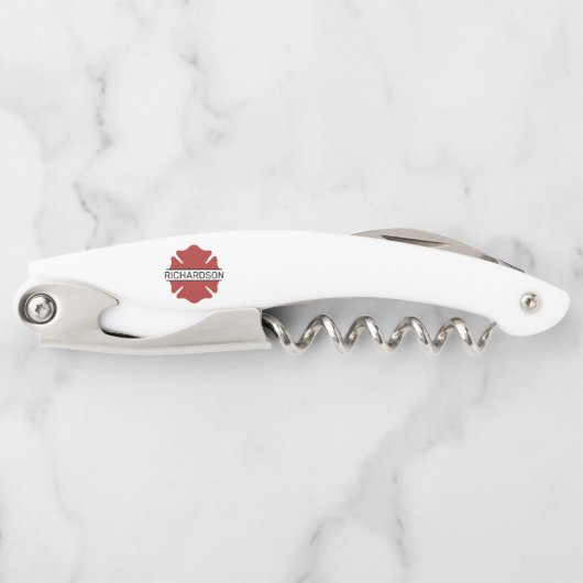 消防パーソナライズされた士の赤いロゴ記号 ソムリエナイフ (正面)