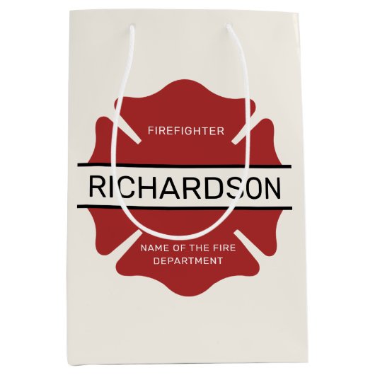 消防パーソナライズされた士の赤いロゴ記号 ミディアムペーパーバッグ (正面)