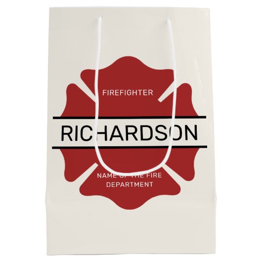 消防パーソナライズされた士の赤いロゴ記号 ミディアムペーパーバッグ (裏面)