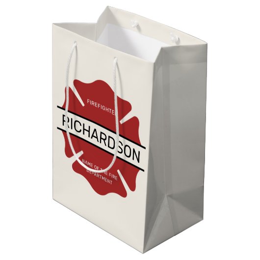 消防パーソナライズされた士の赤いロゴ記号 ミディアムペーパーバッグ (裏面アングル)