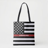 消防パーソナライズされた戦闘薄い赤線消防署 トートバッグ (正面)