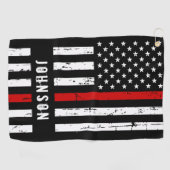 消防パーソナライズされた軍旗（薄い赤線） ゴルフタオル (横)