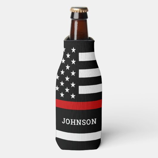 消防パーソナライズされた軍旗（薄い赤線） ボトルクーラー (ボトル正面)