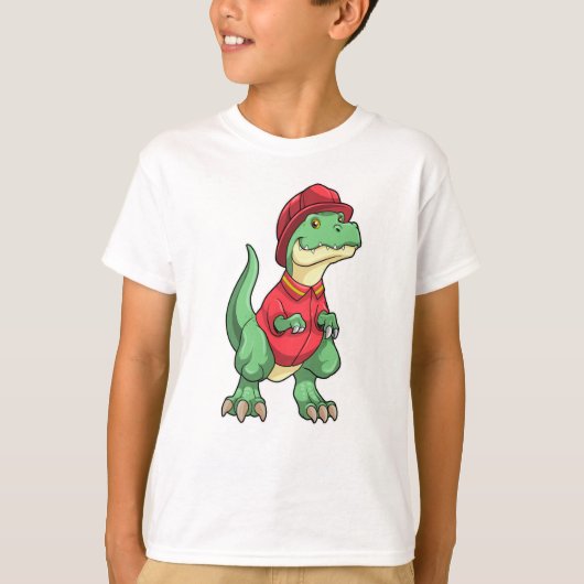 消防ヘルメットをかぶった消防士の恐竜 Tシャツ (正面)
