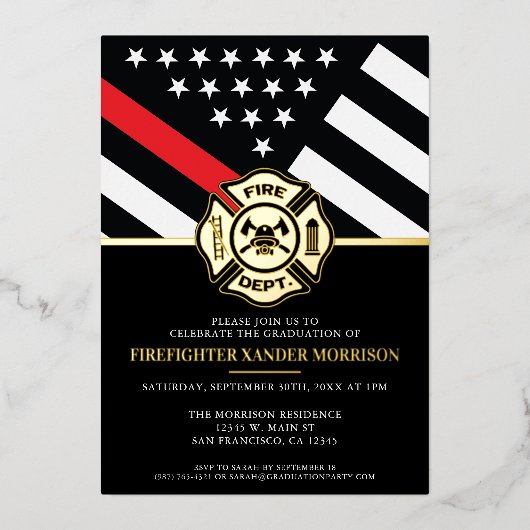 消防団赤線旗消防士卒業 箔招待状 (正面)