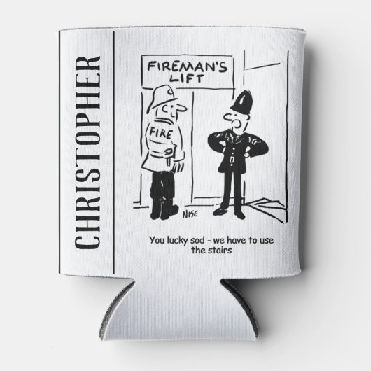 消防士おもしろいと警官の漫画 缶クーラー (正面)