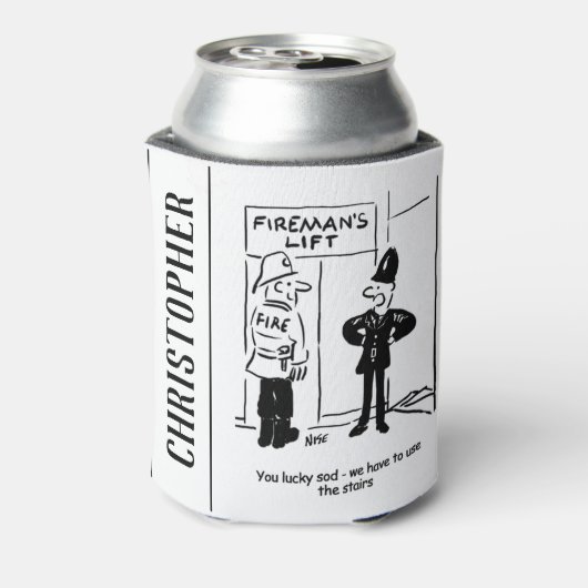 消防士おもしろいと警官の漫画 缶クーラー (缶裏面)