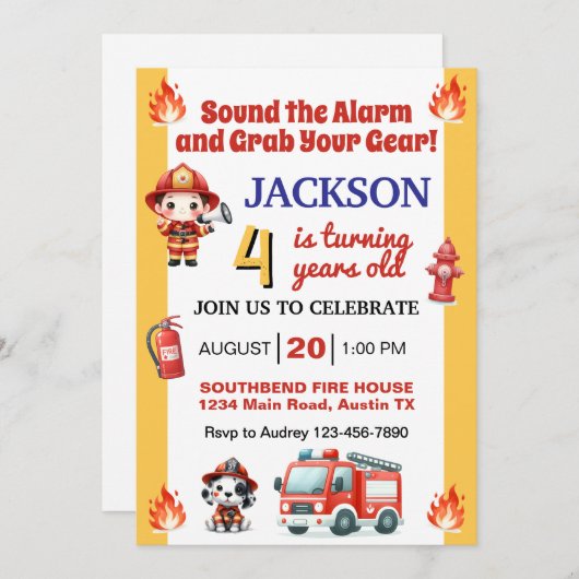消防士が警報を鳴らす任意の年齢の誕生日パーティー 招待状 (正面/裏面)