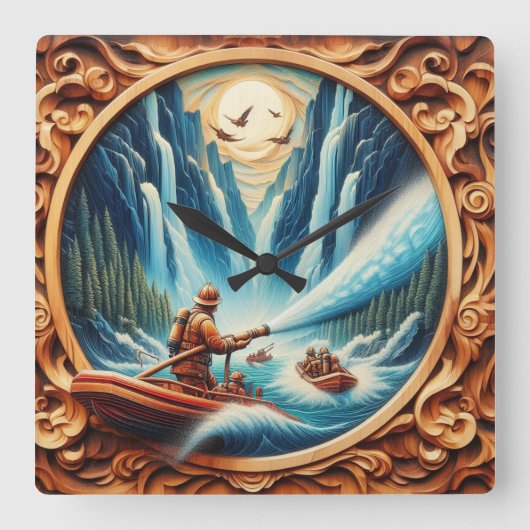 消防士たちはボートに乗り込んだ スクエア壁時計 (正面)