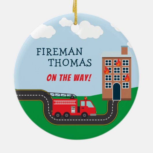 消防士と消防車と名前は男の子クリスマス セラミックオーナメント (裏面)