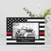 消防士のためのクリスマス 薄い赤いラインの旗の写真 シーズンカード (スタンド正面)