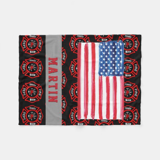 消防士のギフトのマルタ十字米国の旗の名前 フリースブランケット (正面(横))