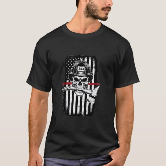 消防士のドクロ 薄い赤いライン Tシャツ (正面)