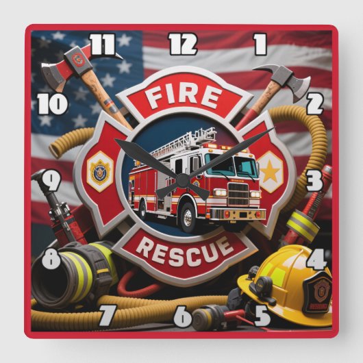 消防士のヒーロー救助機器 スクエア壁時計 (正面)