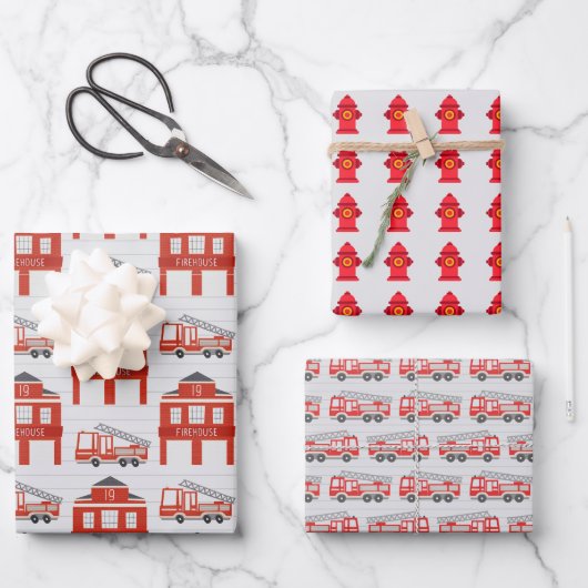消防士のラッピングペーパー、消防車ギフト包装紙 ラッピングペーパーシート (正面)