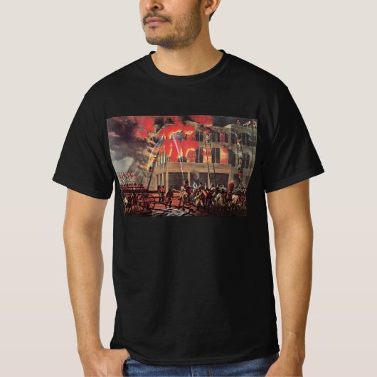 消防士の仕事、レトロな消防士たちが火事と戦う Tシャツ (正面)