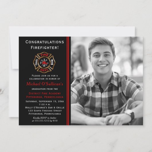 消防士の写真の卒業発表 |パーティー 招待状 (正面)
