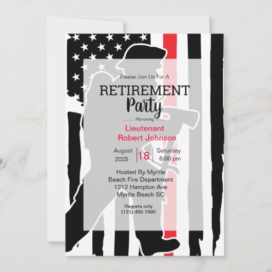 消防士の写真アメリカ国旗の引退パーティー 招待状 (正面)