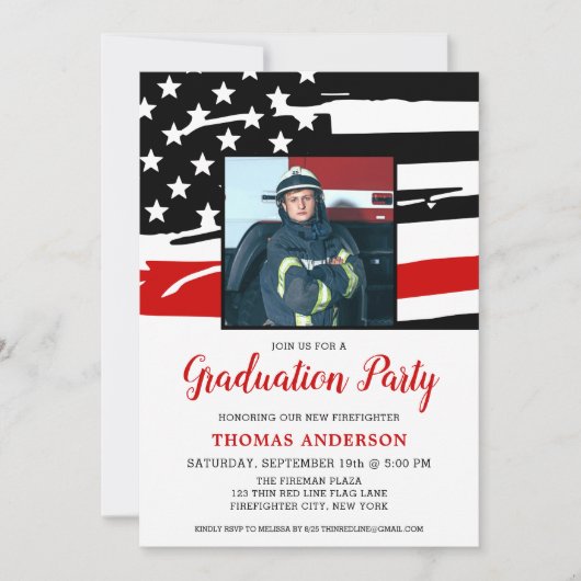 消防士の卒業薄い赤い線の消防士の写真 招待状 (正面)