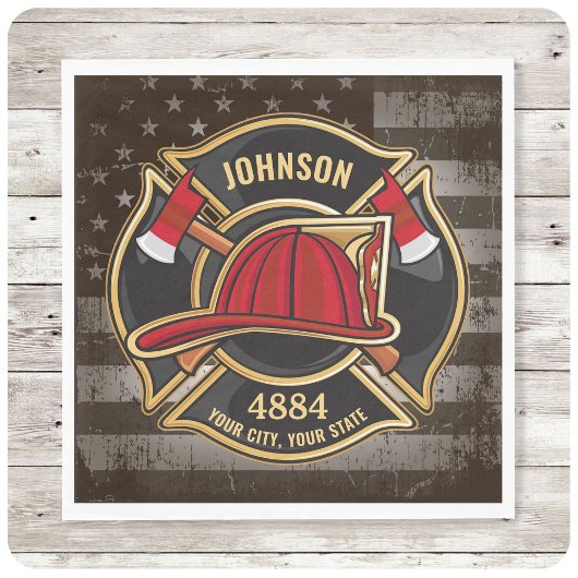 消防士の名前ファイアマン消防署USA国旗 スタンダードカクテルナプキン