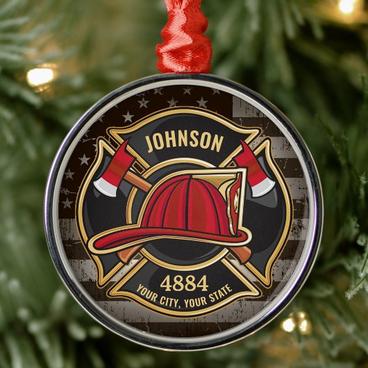 消防士の名前ファイアマン消防署USA国旗 メタルオーナメント
