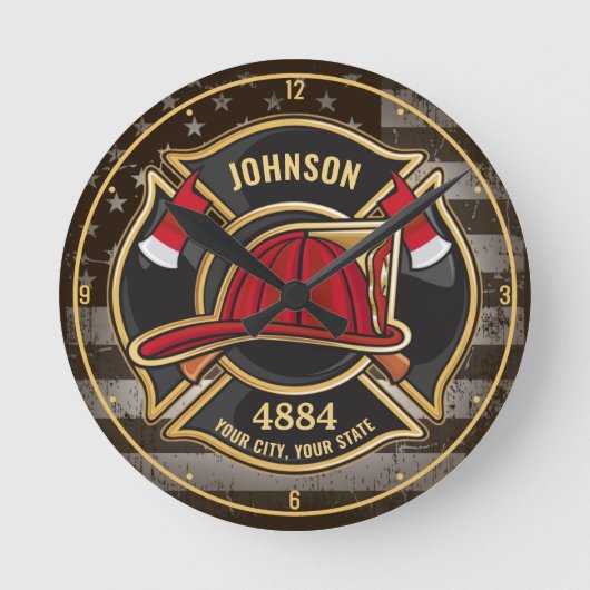 消防士の名前ファイアマン消防署USA国旗 ラウンド壁時計 (正面)