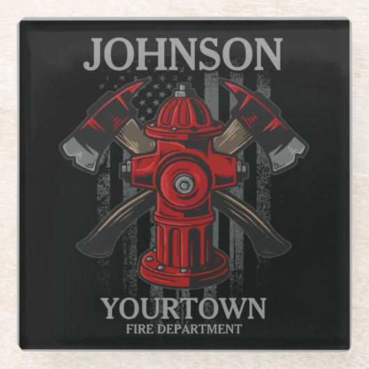 消防士の名前Fire Department消火栓USA国旗 ガラスコースター (正面)