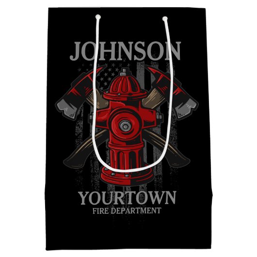 消防士の名前Fire Department消火栓USA国旗 ミディアムペーパーバッグ (裏面)