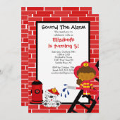 消防士の女の子消防車の誕生日パーティー 招待状 (正面/裏面)