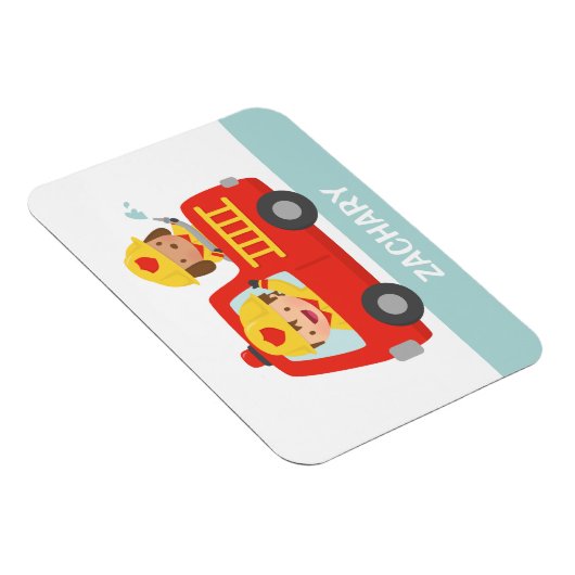 消防士の少年と子犬と赤い消防車 マグネット (右側)