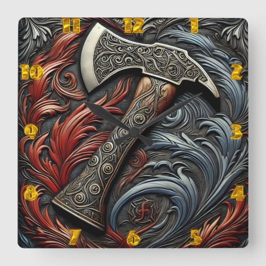 消防士の斧デザインの技巧と力 スクエア壁時計 (正面)