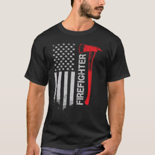 消防士の斧 薄赤のライン アメリカ国旗 Tシャツ