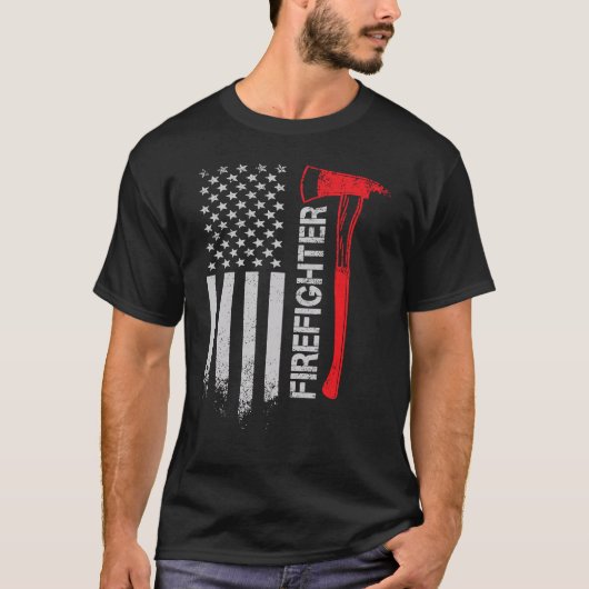 消防士の斧 薄赤のライン アメリカ国旗  Tシャツ (正面)