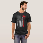 消防士の斧 薄赤のライン アメリカ国旗  Tシャツ (正面フル)