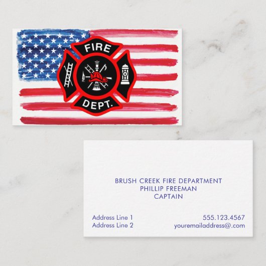 消防士の水彩画の米国旗のマルタ十字 名刺 (正面/裏面)