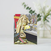 消防士の消防服及び貨物自動車 ポストカード (スタンド正面)