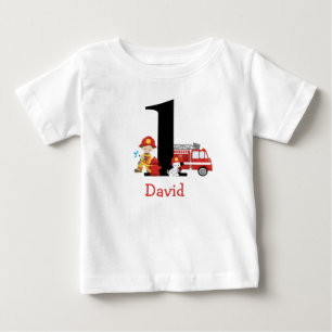 消防士の消防車の少年の最初の誕生日の服装 ベビーTシャツ