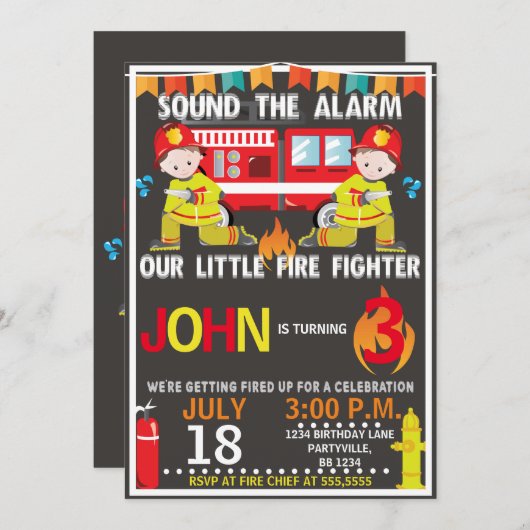 消防士の消防車の誕生日パーティーの招待 招待状 (正面/裏面)