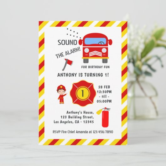 消防士の消防車の誕生日パーティー 招待状 (スタンド正面)