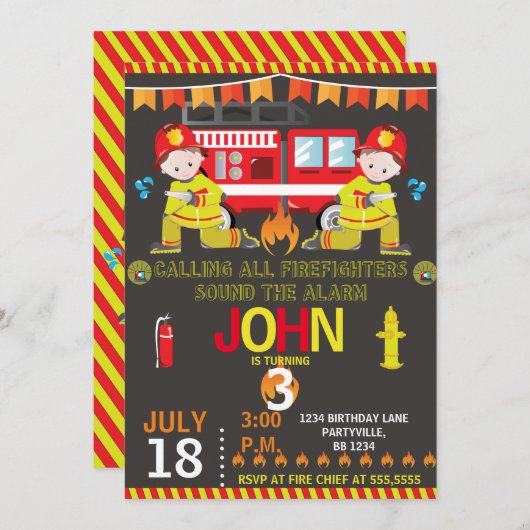 消防士の消防車の黒板バースデーパーティー 招待状 (正面/裏面)