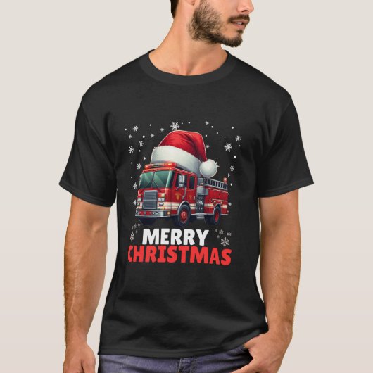 消防士の消防車クリスマスサンタハットフリーマン Tシャツ (正面)