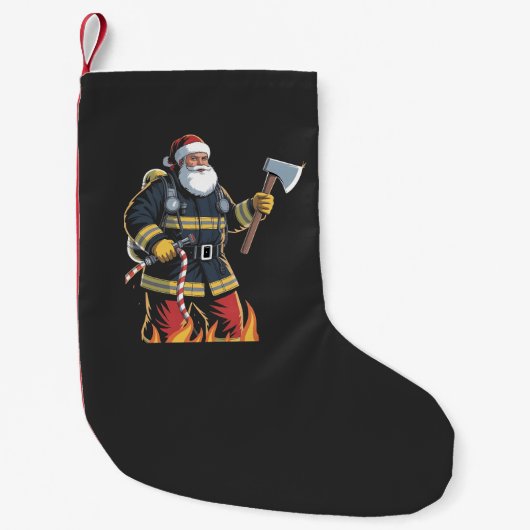 消防士の消防車クリスマスツリーサンタのXmas スモールクリスマスストッキング (正面)