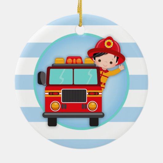 消防士の消防車ブラックヘアボーイ セラミックオーナメント (裏面)