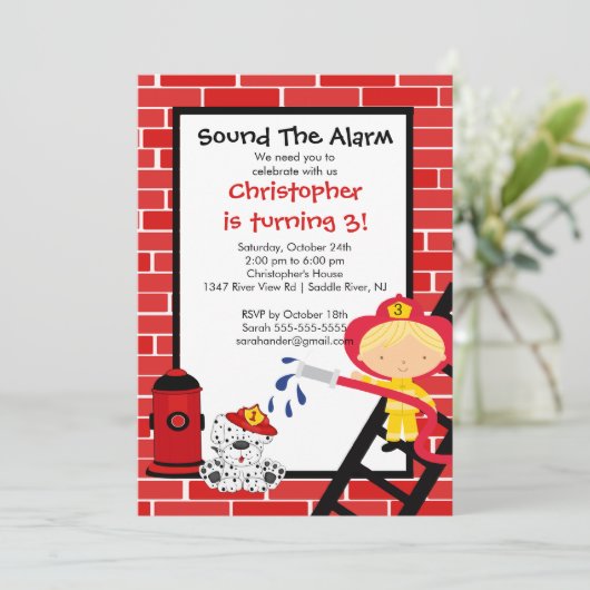 消防士の男の子の普通消防車の誕生会 招待状 (スタンド正面)
