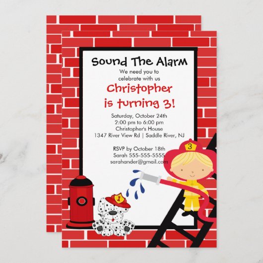 消防士の男の子の普通消防車の誕生会 招待状 (正面/裏面)